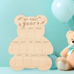 Wooden Bear First Year Milestone Photo Frame Wood Poster Board Memorial Table Decor Ornament Poster Board for Birthday Gift