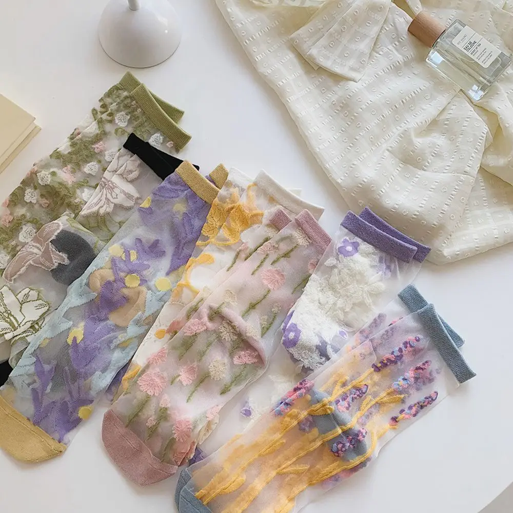 Transparent Breathable Embroidery Summer Crystal Silk Socks Mesh Flower Socks Floral Hosiery Middle Tube Socks Women\'s Socks DIY