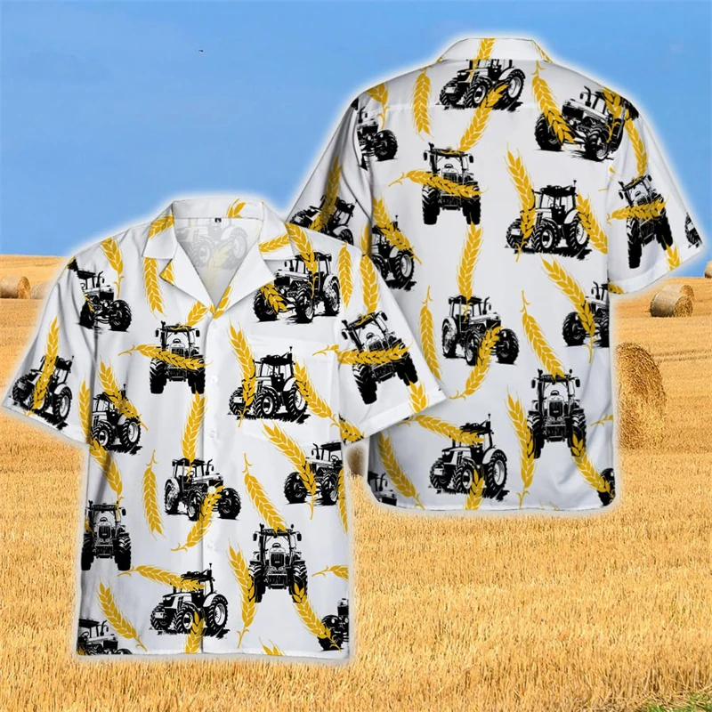 Farm Tractor Graphic Shirts For Men Clothes Farmer Bumper Harvest Wheat 3D Printed Lapel Blouse Food Car Male Short Sleeve Tops