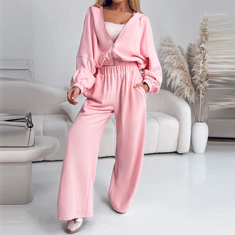 

Casual Pocket Loose Sportswear Outfits Fashion Zipper Hooded Sweatshirt & Long Pant Suit Women Elegant Long Sleeve Solid 2Pc Set