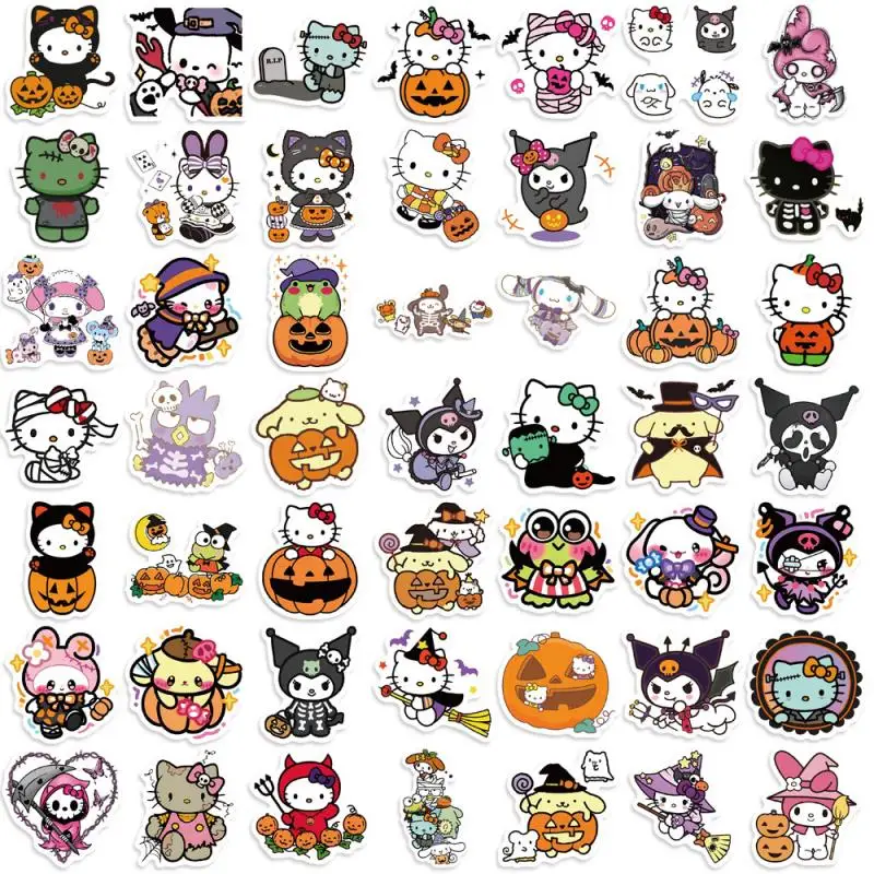 52Pcs Kawaii Sanrio Hello Kitty Stickers Cartoon Kuromi Melody Cinnamoroll Halloween Water Cup DIY Decorate Waterproof Stickers