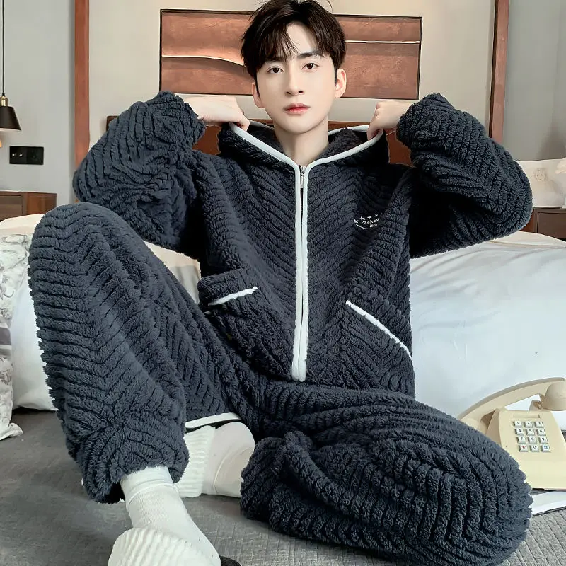 Boys Hooded Casual Flannel Loungewear Men Pajamas Outside Wear Male Autumn Winter Pad Plus Velvet Plus Size Home Service Suit