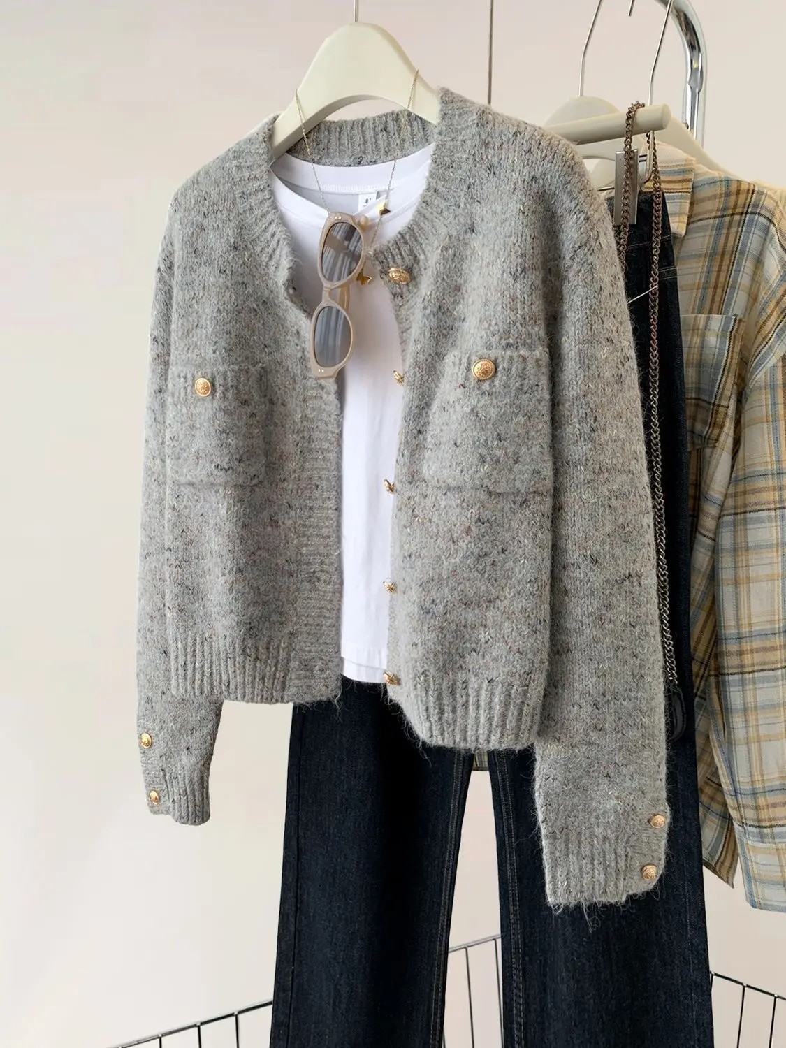 

Knitted Cardigan Gold Button O Neck Gray Women'S Simple Long Sleeve Sweater Jacket Autumn Spring Office Ladies Elegant Knitwear