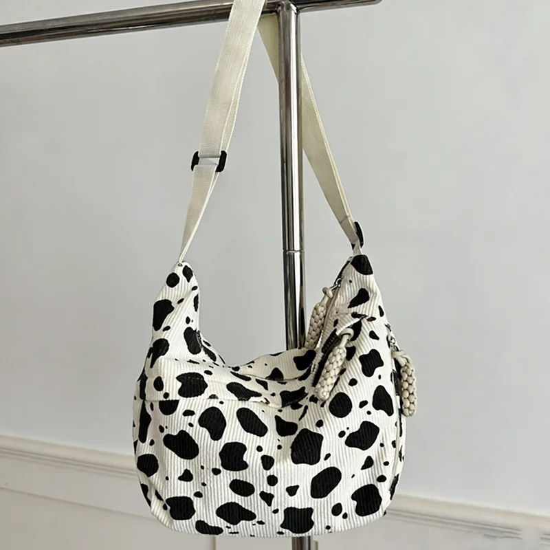 

Women Stylish Cow Pattern Shoulder Bag Corduroy Zipper Opening Crossbody Bag Adjustable Shoulder Strap Versatile Multiple Pocket