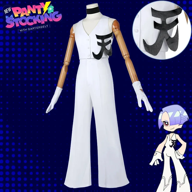 مجموعة أزياء أنيمي اللباس الداخلي والجوارب البوليستر البولي يوريثين التأثيرية باللونين الأبيض والأسود مع شعر مستعار لحفلات الهالوين للنساء والرجال