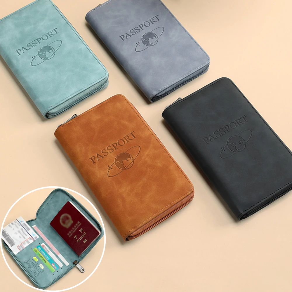 

RFID Blocking Passport Holder Leather Travel Wallet Passport Cover Portable Multi-function Zipper Ticket Clamp Travel Accessory