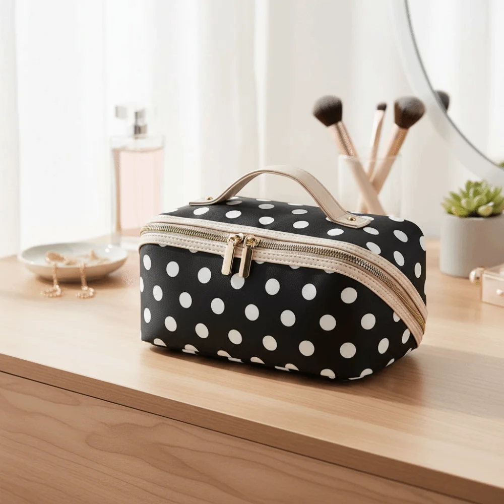 Vintage Women's Cosmetic Bag Zipper Polka Dot/Striped Striped Makeup Bag Lightweight Large Capacity Women's Toiletry Organizer