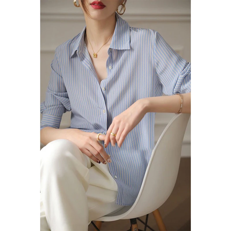 Women Striped Shirts Fashion Korean Long Sleeve Basic Chiffon Blouses Summer Office Ladies Elegant Loose All Match Chic Tops New