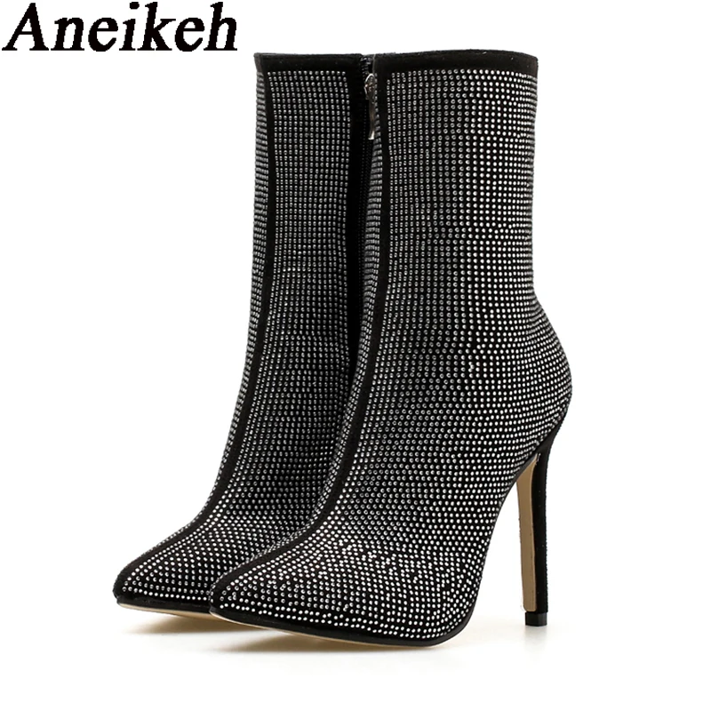 Aneikeh Spring Banquet Sexy Shiny Crystal Rhinestones Women\'s Ankle Boots High Heels Nightclub Modern Booties For Females Shoes