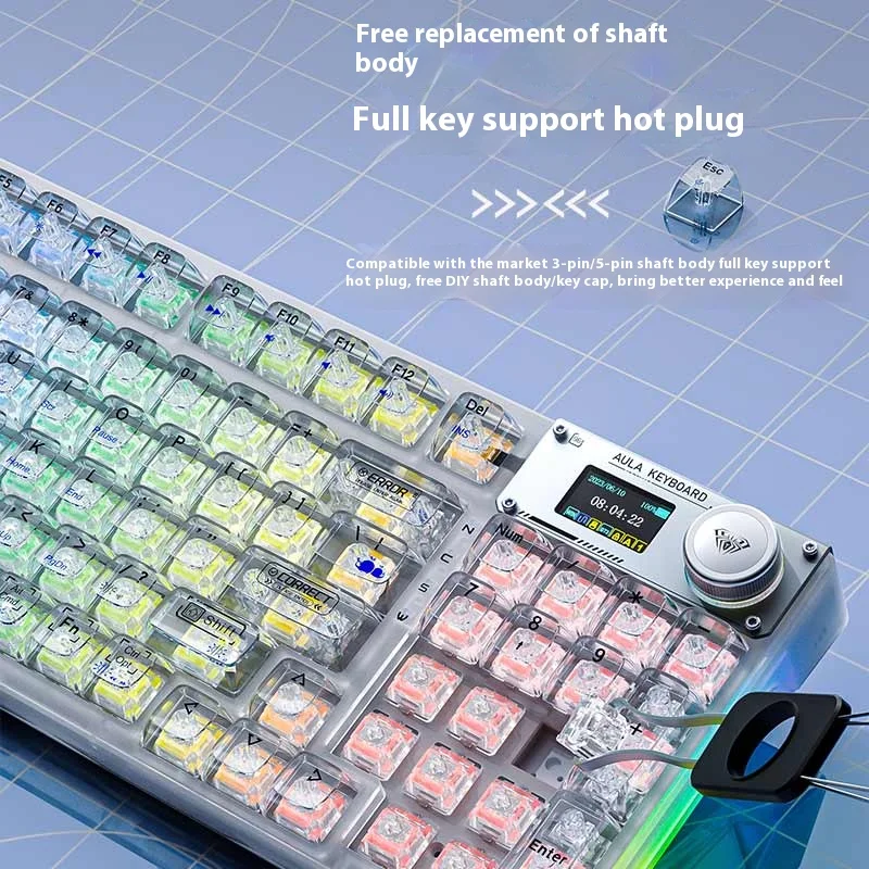 لوحة مفاتيح ميكانيكية AULA F98 Pro مع زر تدوير RGB بإضاءة خلفية شاشة مخصصة ثلاثية أوضاع لعبة Esports خاصة منحوتة 95 أغطية مفاتيح