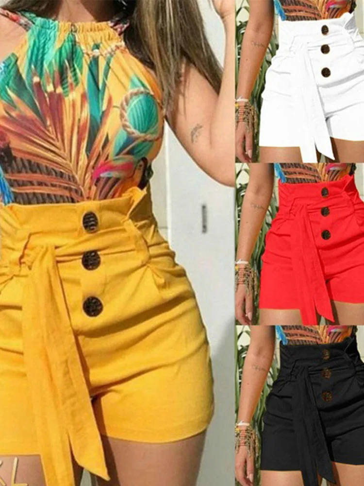 Y2K Solid Button Front Shorts Tie Waist Beach Summer High Waist Shorts Women's Clothing