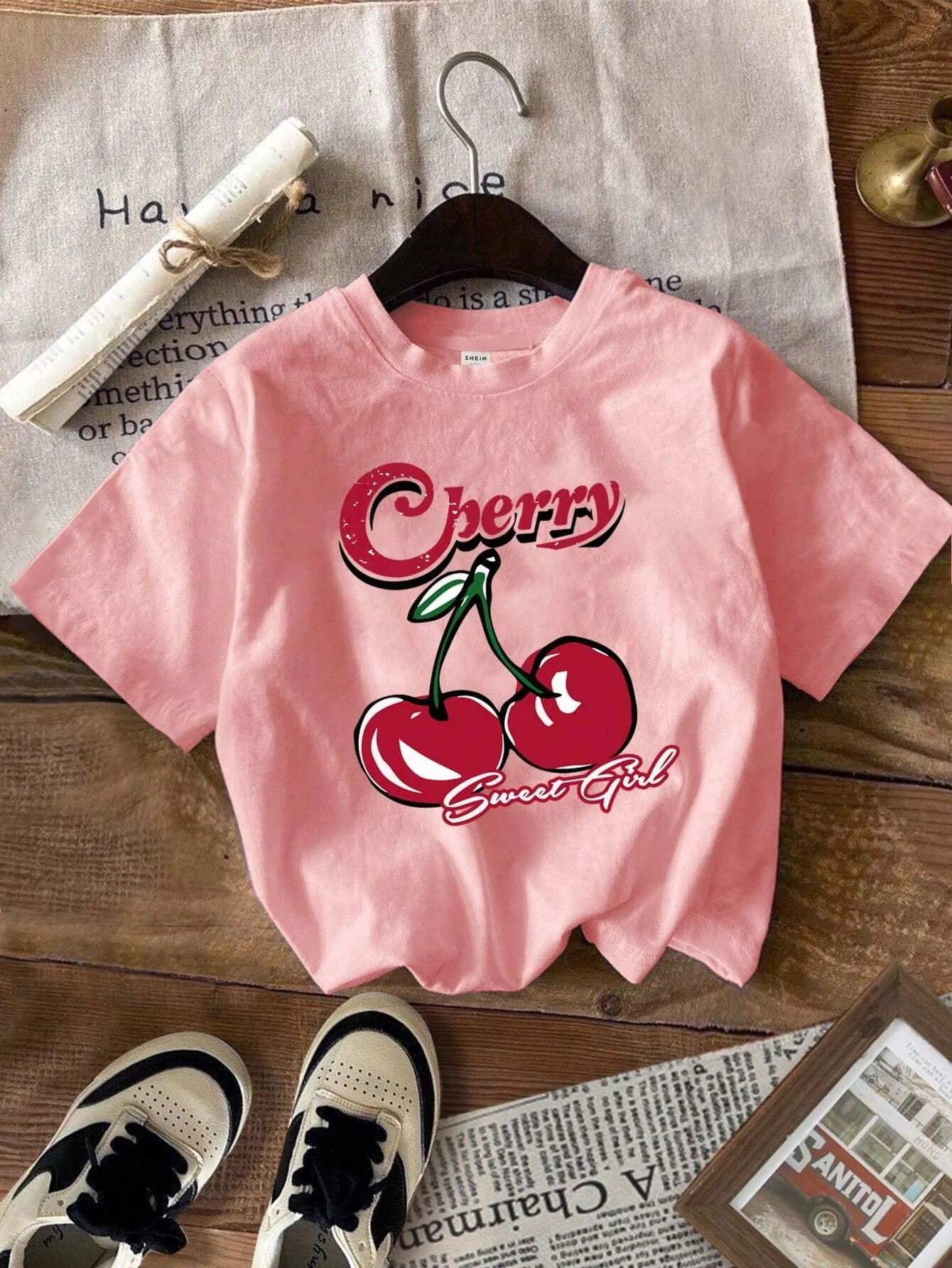 Korean Style Simple Fruit Cherry Print Cotton T Shirt For Kids Adults Trendy Street Harajuku Tees Daily Girls Summer Sweatshirts