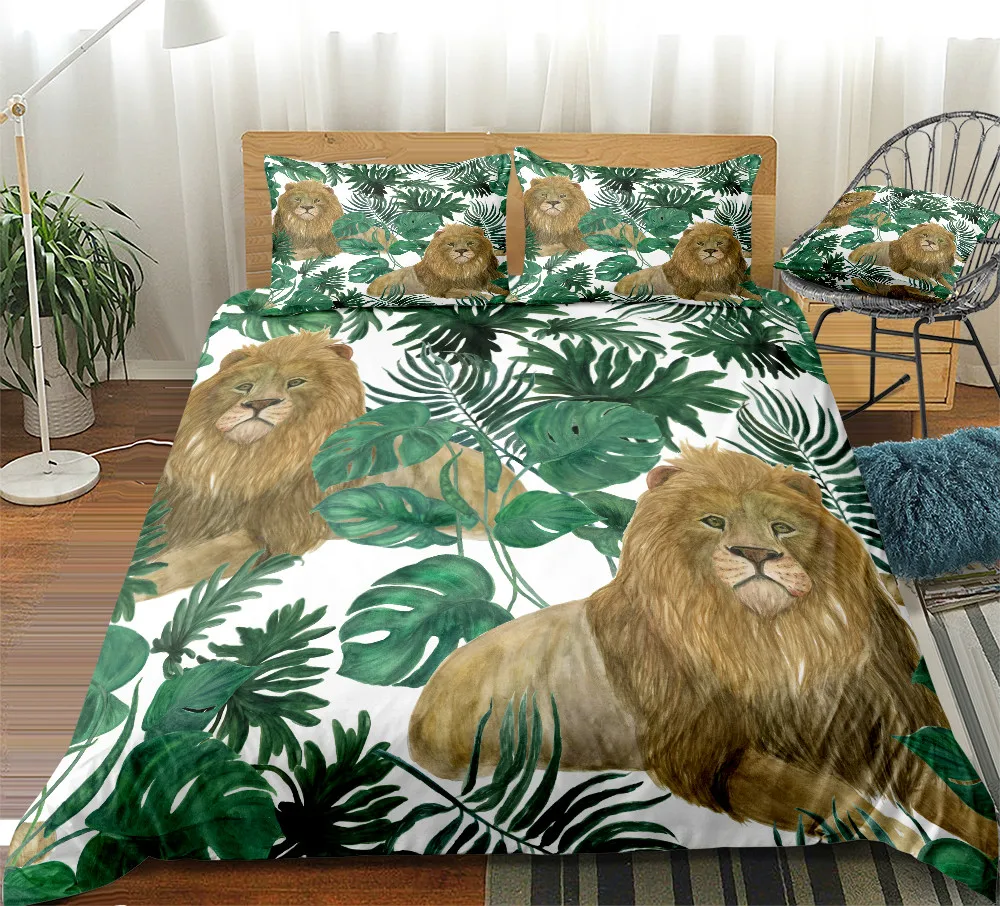 Wild Animals Bedding Set Tropical Plant Floral Duvet Cover King Queen Size Parrot Monkey Comforter Cover Palm Leaves Quilt Cover