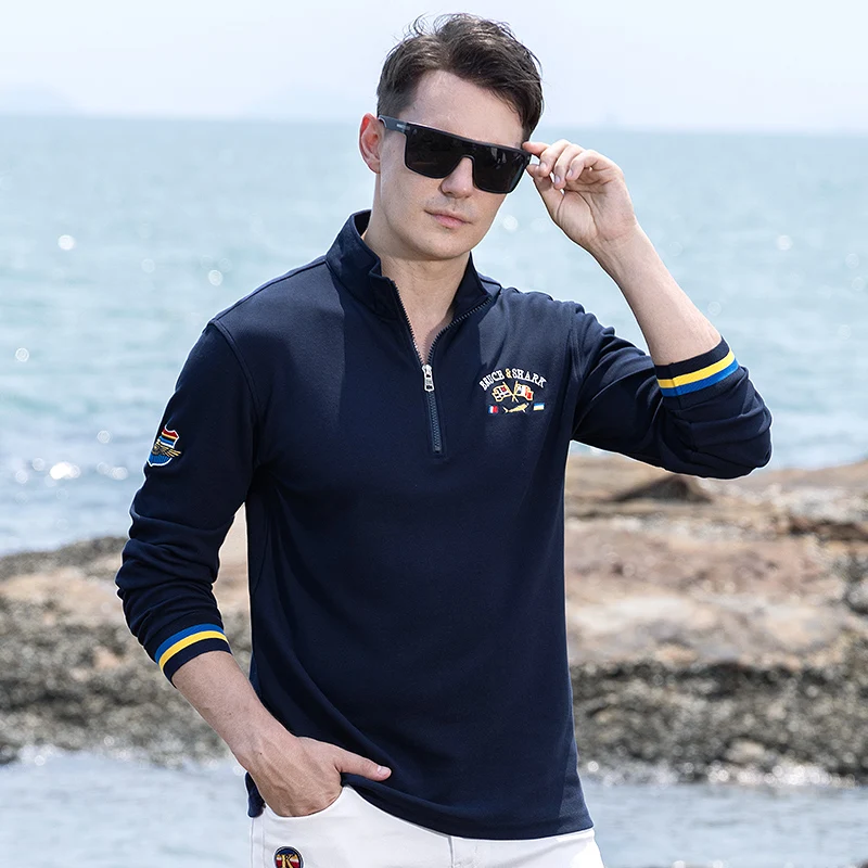 Bruce&Shark four season Wear Solid Full Men\'s Polos Thicken Pure Cotton Polos for Men Casual Business Stand collar Zip Close