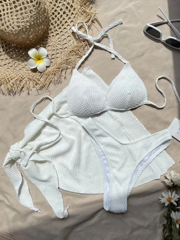 Conjunto de Bikini de realce para mujer, de 3 piezas con falda traje de baño, tanga blanco, ropa de playa