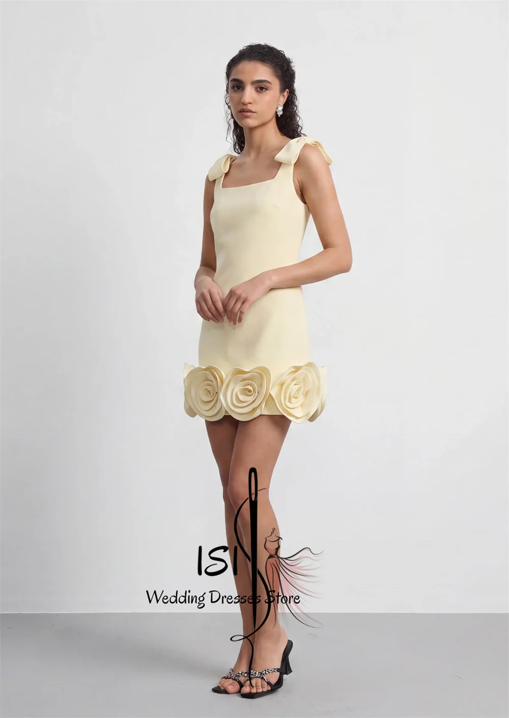 ISI Fashion Bows Straps 3D Flowers Mini Dress Square Collar Sleeveless Florals A-line Dresses Evening Party Cocktail Customizd