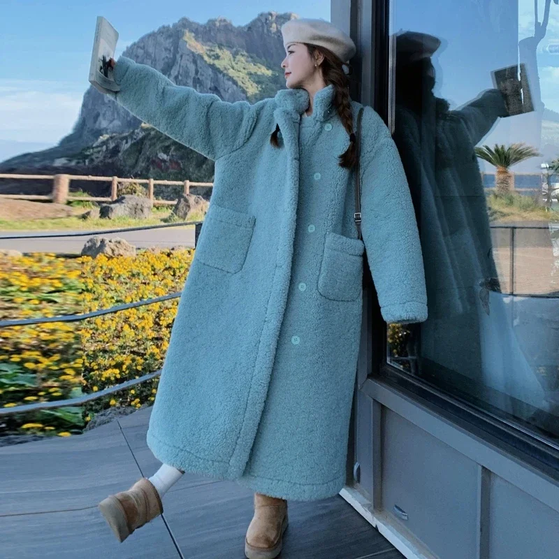 

2026 Winter New Fashion Korean version Lamb Wool Jacket Women's Blue Long Thick Cotton Coat Female Warm Fur Integrated Overcoat