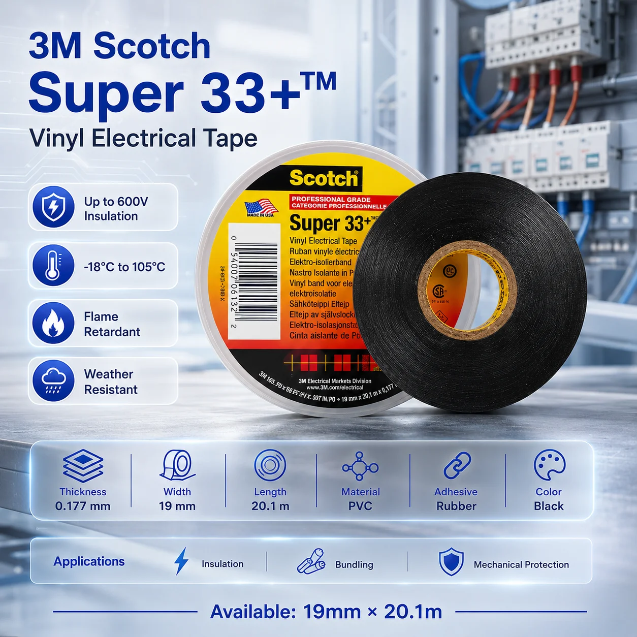 3M Scotch Super 33+ Vinyl Electrical Tape Professional Grade 600V Flame Retardant For Wire Cable Repair 19mm X 20.1m