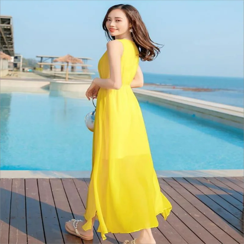 Yellow dress Summer new over-the-knee chiffon long skirt beach skirt Beach holiday super fairy skirt