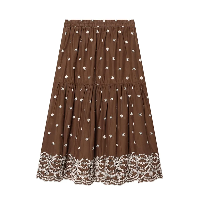 YENKYE New 2026 Women Floral Embroidery Elastic High Waist Skirts Spring Summer A-line Midi Casual Skirts faldas mujer
