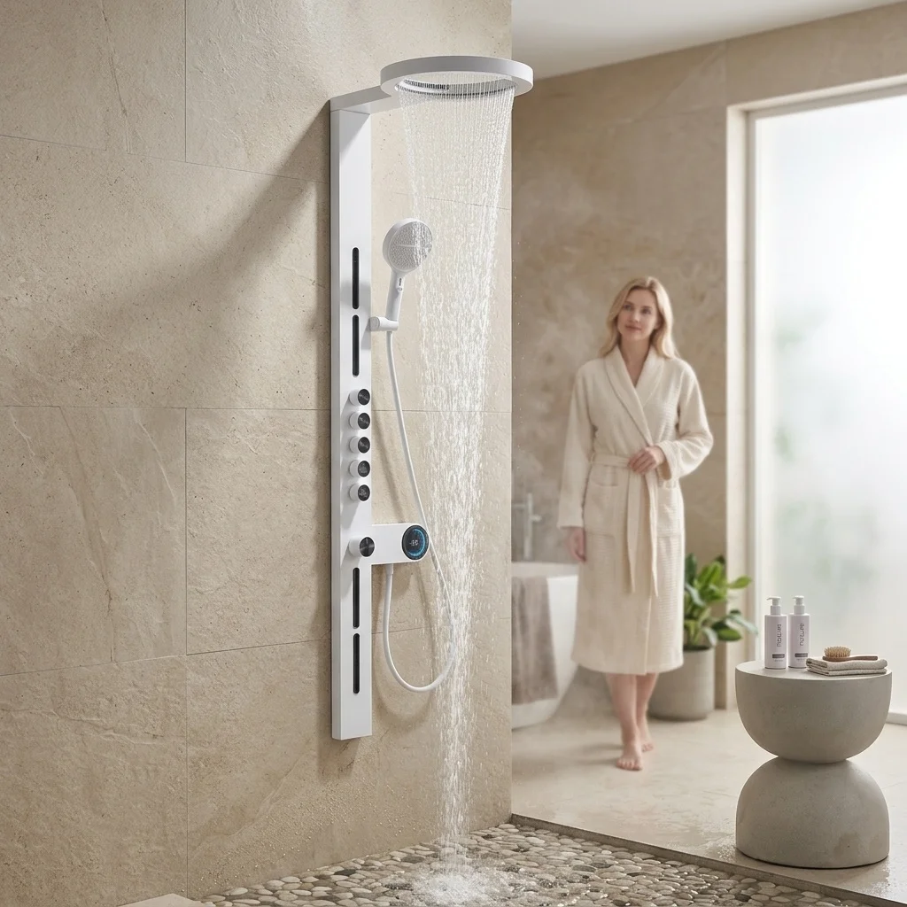 Large Waterfall White Shower Wall Hanging Full Copper Pressurized Ring Bathroom Shower Screen Set Rain Jet Spray Brass Brushed