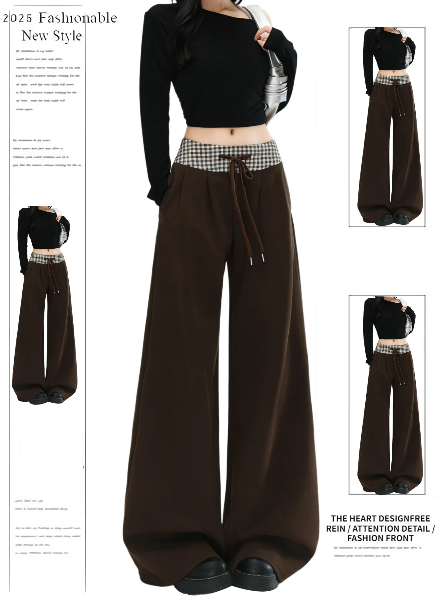 

American Retro Brown Loose Casual Sports Pants Women's Spring Autumn New Sle Patchwork High Waist Wide Leg Pants