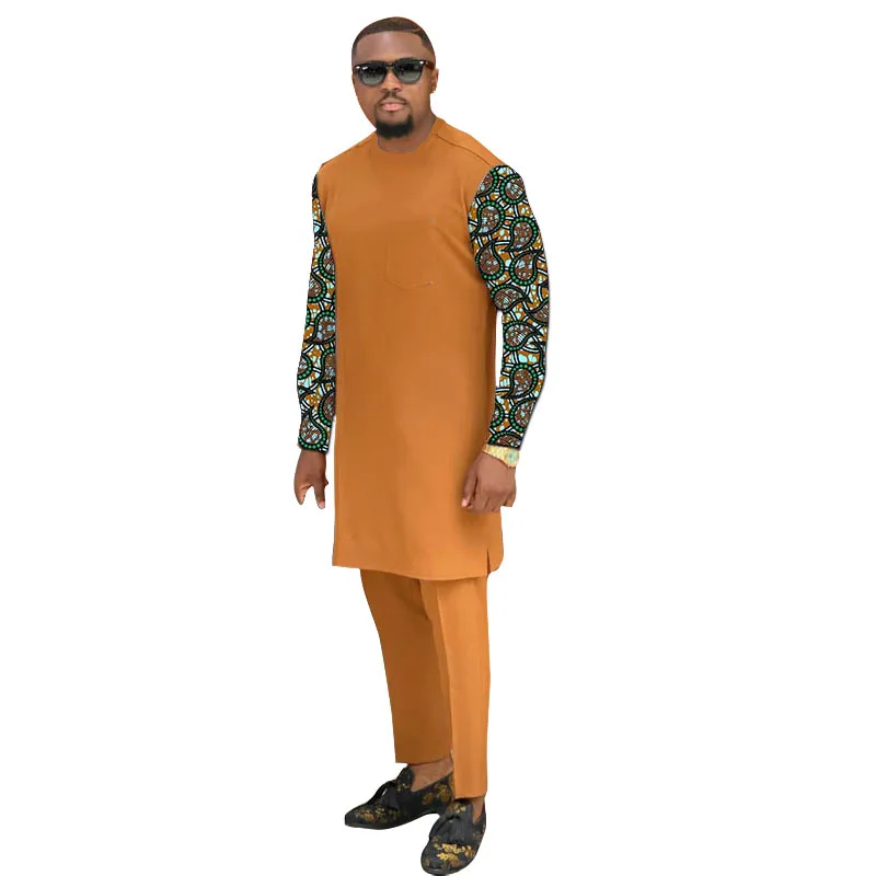 Nigerian Fashion Orange Men\'s Outfits Patchwork Shirt Long Sleeve Tops+Trousers African Print Customize Male Set Clothing