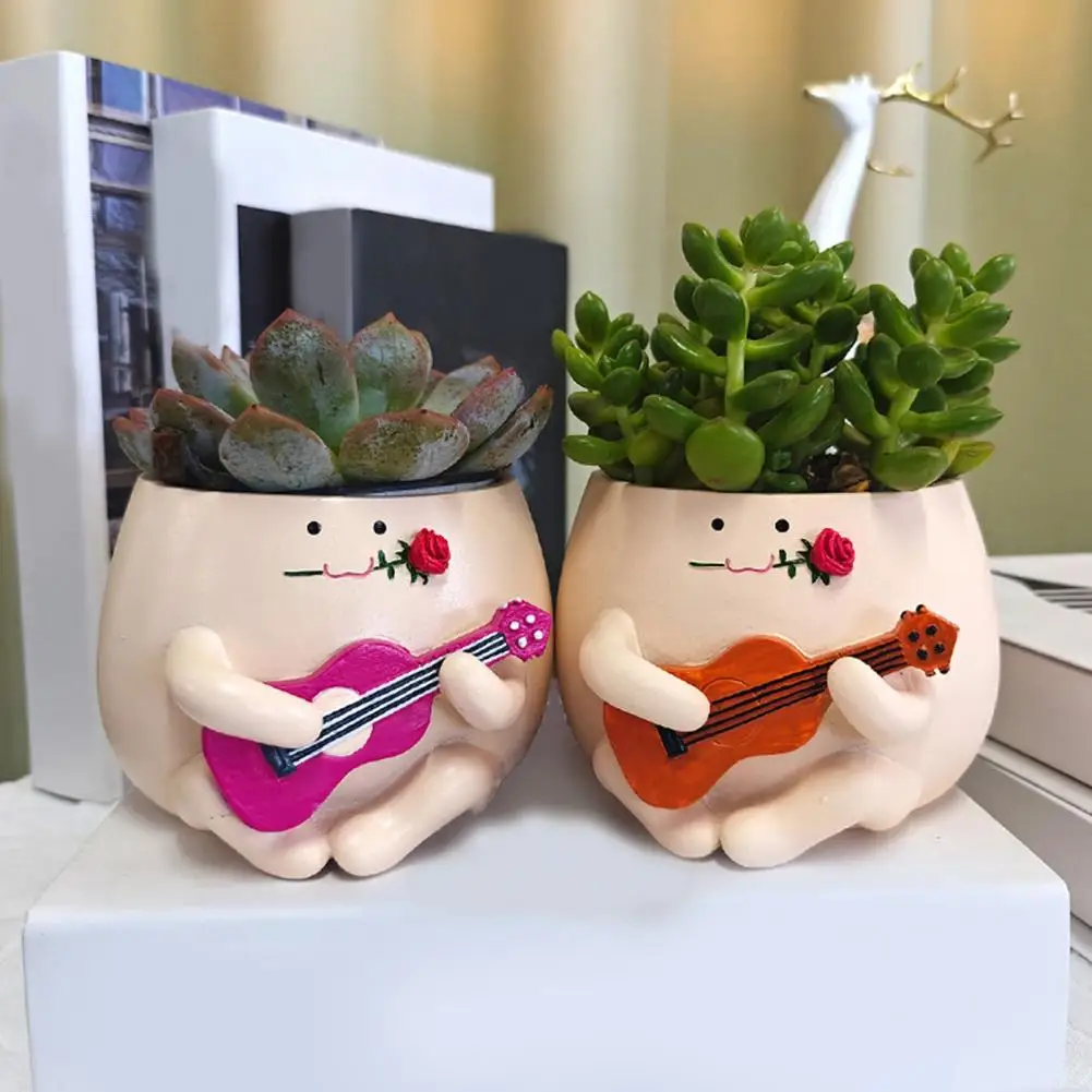 Smiling Face Planter Ukulele Head Flowerpot for Cactus Succulents Indoor/outdoor Garden Decoration with Guitar Smiling for Home