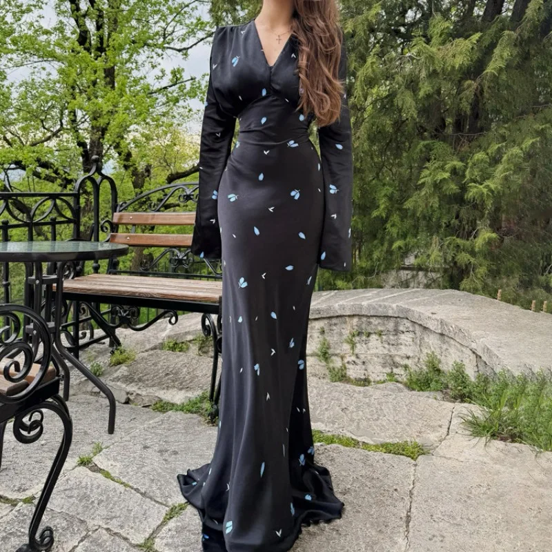 Moulante sirène invité célébrité étage longueur robe élégante femmes Satin Corset Maxi robe Sexy à manches longues col en V froncé imprimé