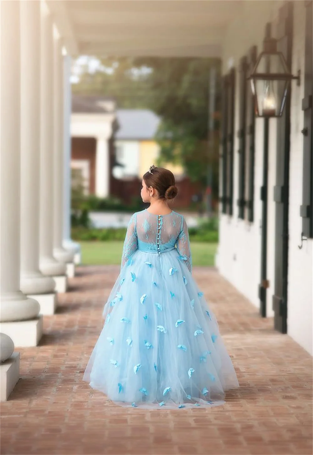 Gaun gadis bunga elegan biru muda sifon kupu-kupu A-line acara Formal pernikahan pesta ulang tahun Komuni Pertama