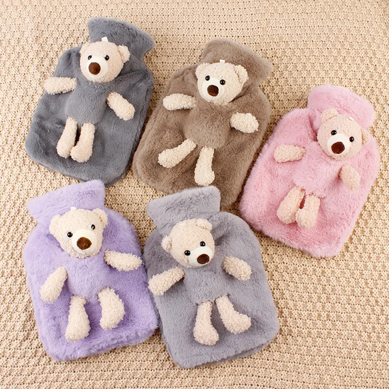 1000ml PVC Hot Water Bottle with Cute Bear Plush Cover Lovely Cartoon Hot Water Bag Portable Winter Hand Foot Abdomen Warmer