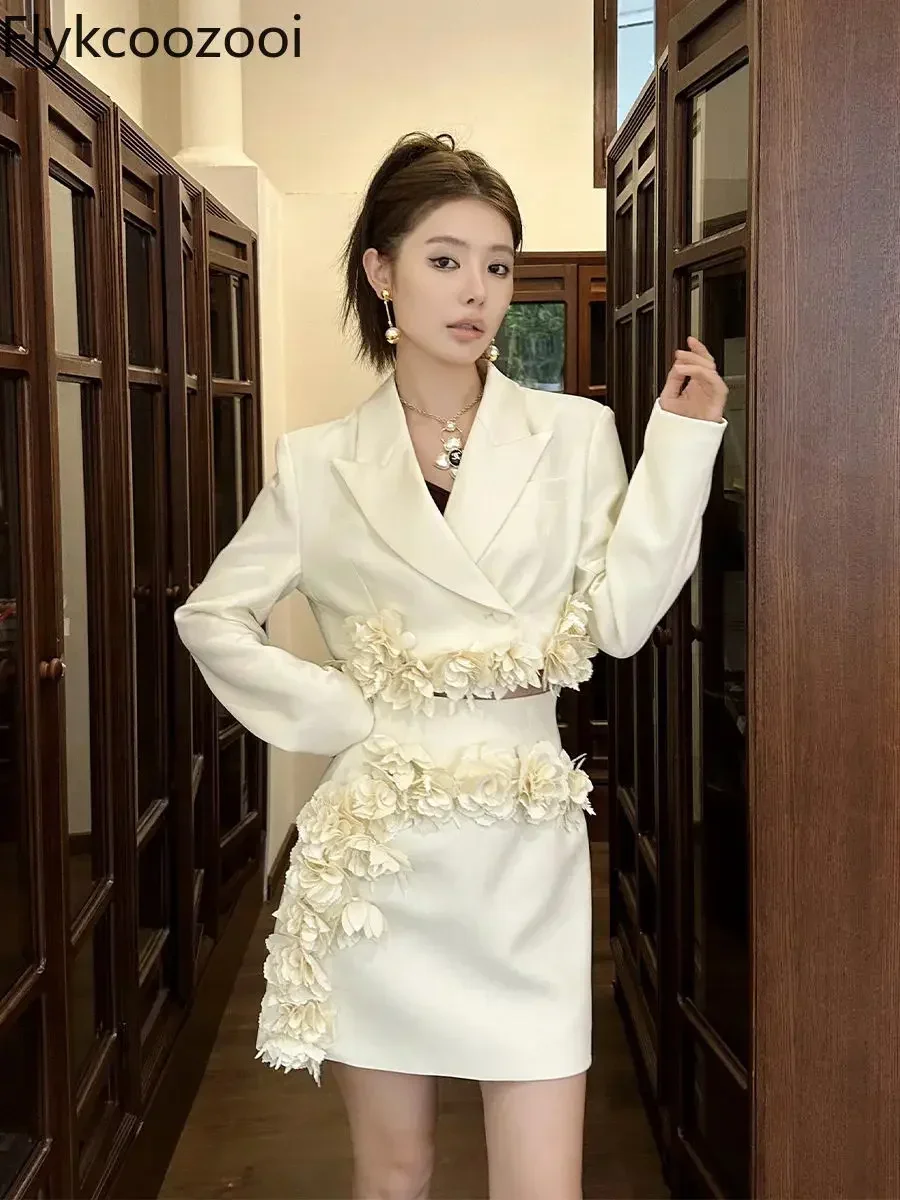 2024 Autumn New Fashion Temperament Flower Short Suit Jacket High Waist Slimming All Matching Skirt Conjuntos Feminino Elegante