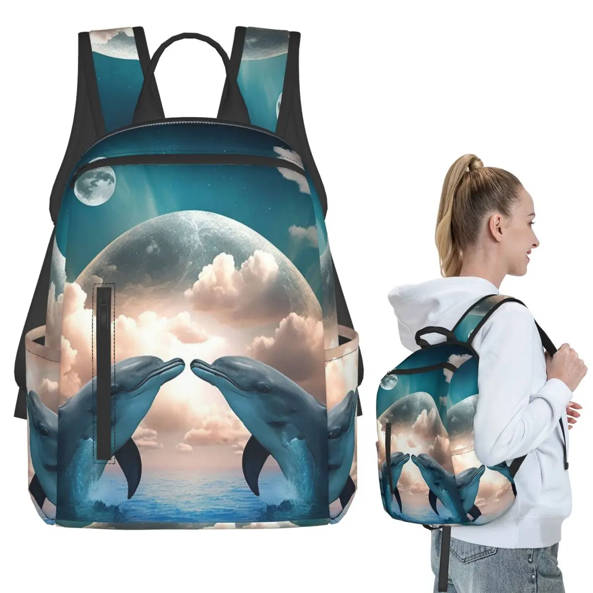 

Dolphin With Moon And Floral Sunset Backpack Student BookBag Children School Bag Laptop Shoulder Bags Men Women