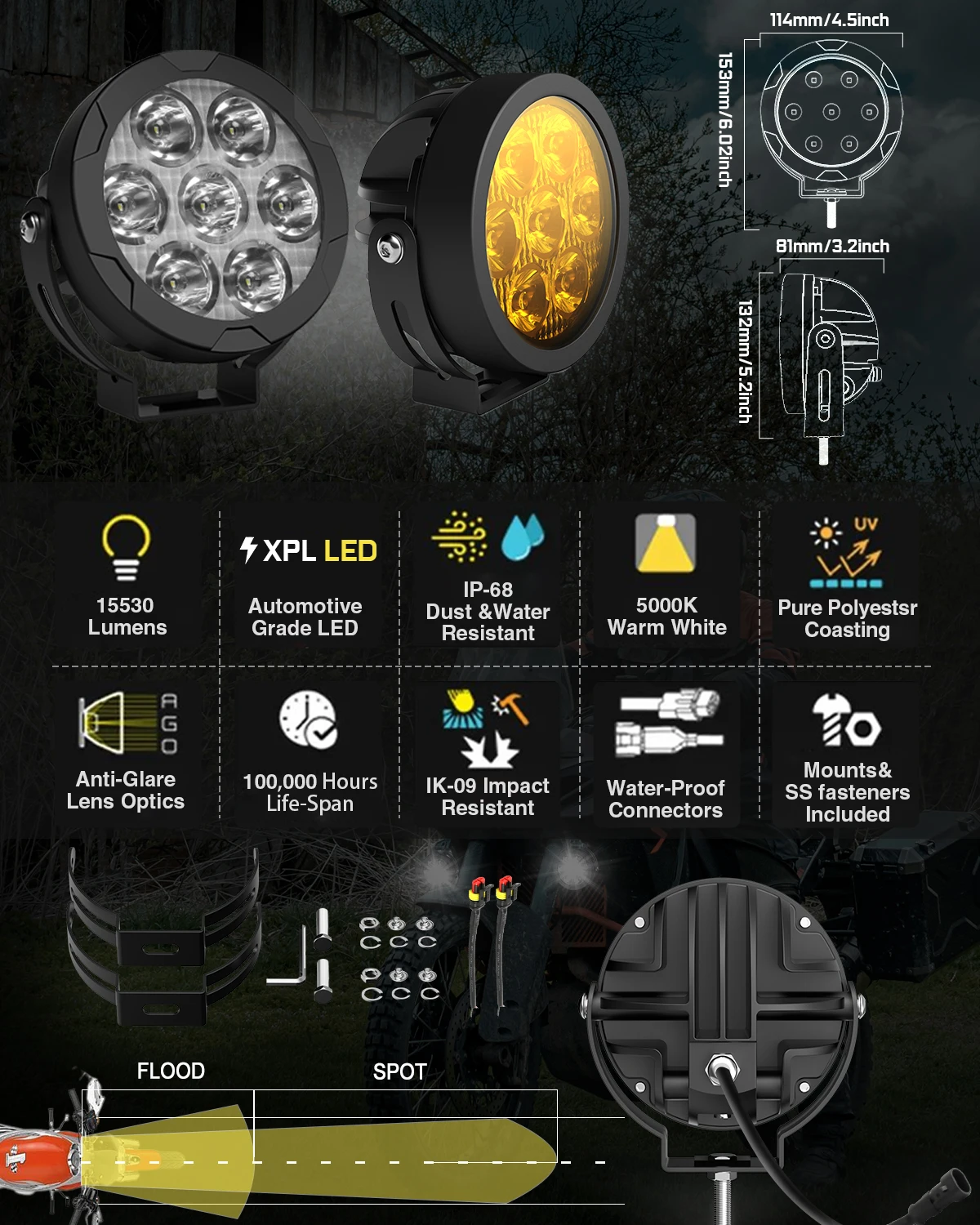 BraveWAY 4.5 Inch LED White/Yellow Work Headlight Fog Light For Motorcycle Offroad Truck BUS ATV UTV 10-80V DC Super Bright Lamp