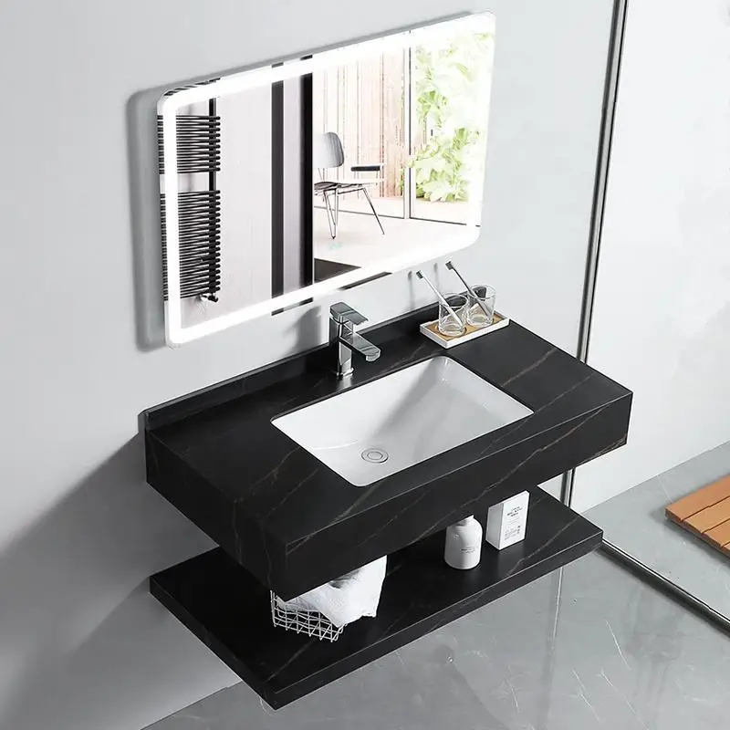 Rock slab integrated wash basin modern simple and simple double-layer rock slab with hanging bathroom cabinet combination