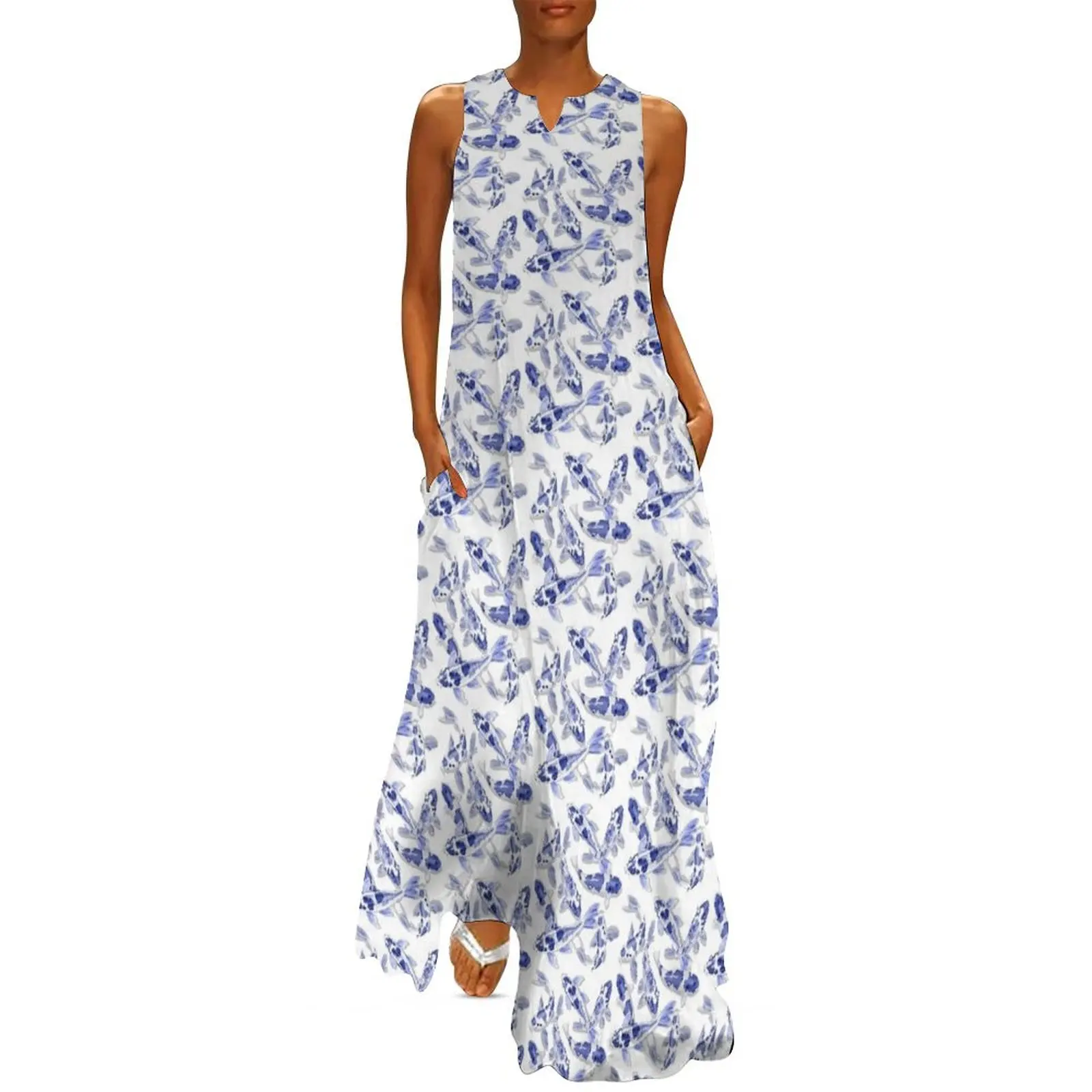 

Blue and white Koi fish Long Dress women long dresses cocktail dresses Long dress woman Dance dresses Dress