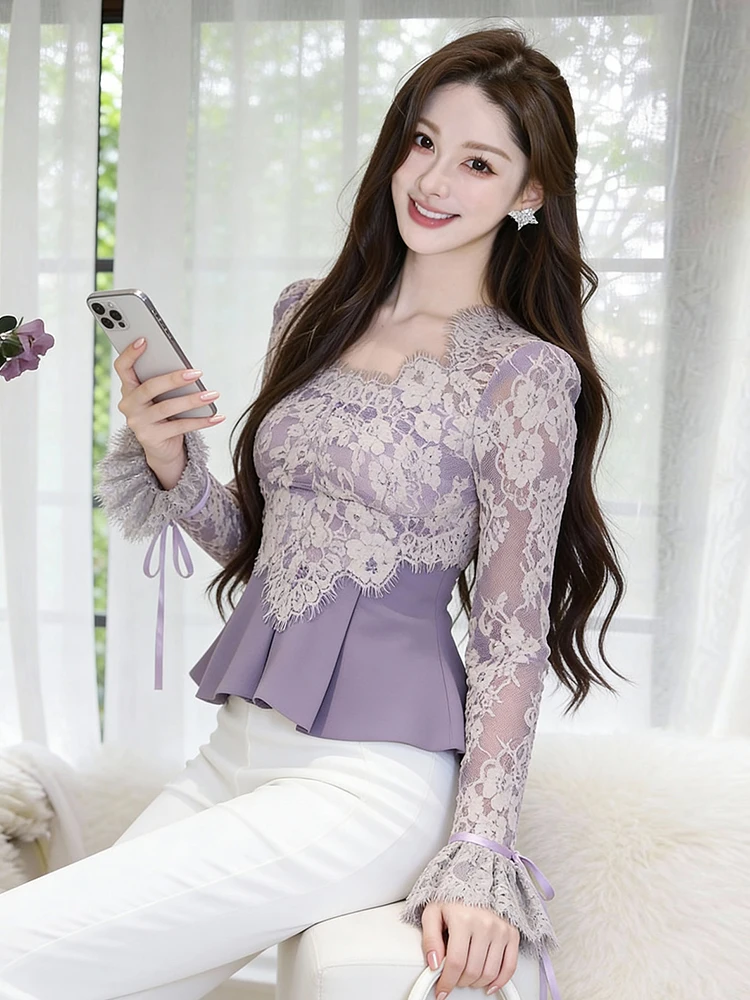 

Korean Style Women's Chic Lace Blouse Bow Long Sleeve Shirt Floral Square Neck Blouse Ruffle Slim Short Tops Clothes Casual New