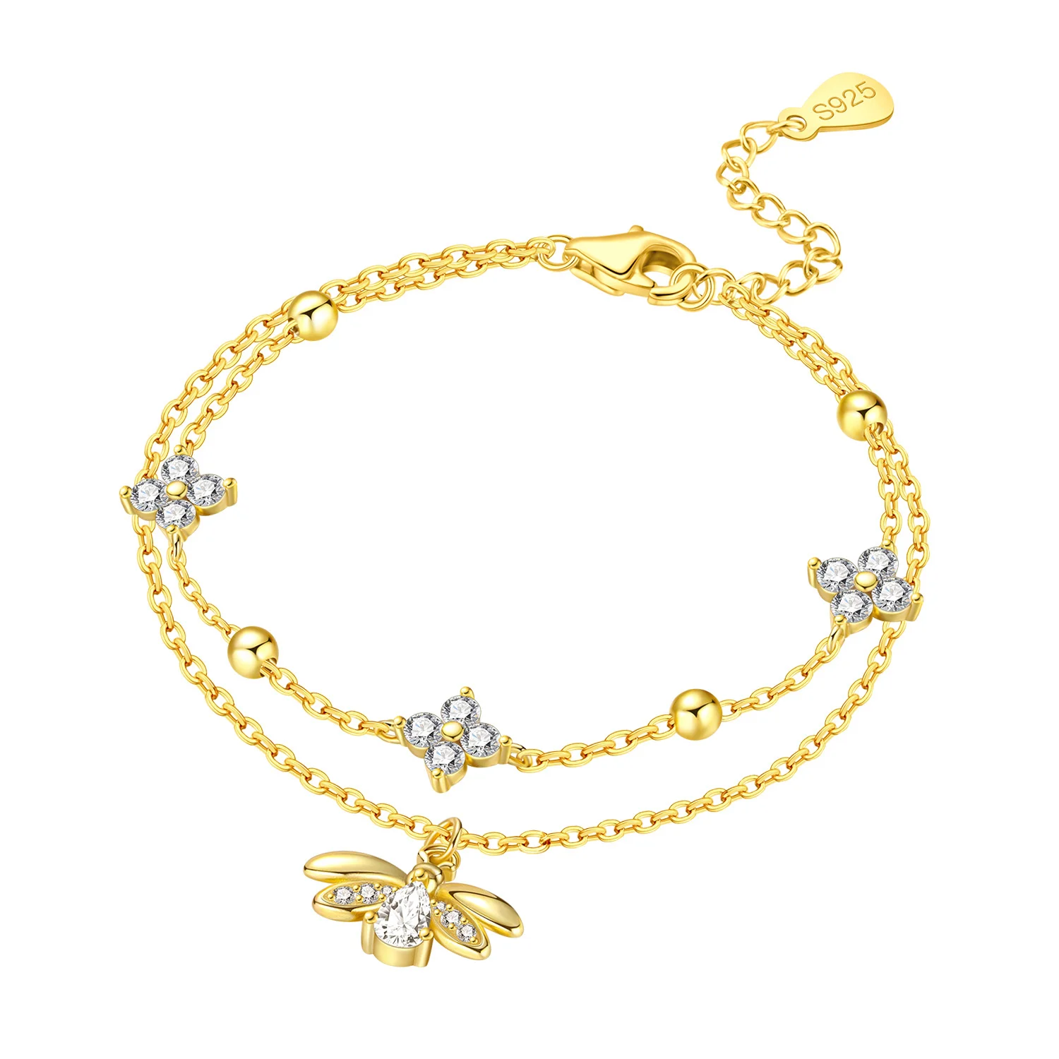 PANPOKI S925 Sterling Silver Double Layered Firefly Bracelet Chain Link Women Bracelet Jewelry Party Trendy Anniversary Gifts