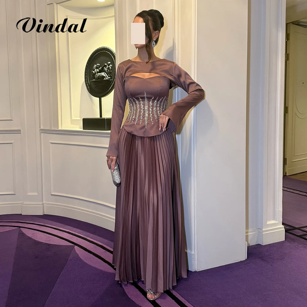 فساتين حفلات مسائية أنيقة من Vindal مزينة بالترتر على شكل حرف a ورقبة سكوب وأكمام طويلة كلاسيكية للنساء مناسبة حسب الطلب #1