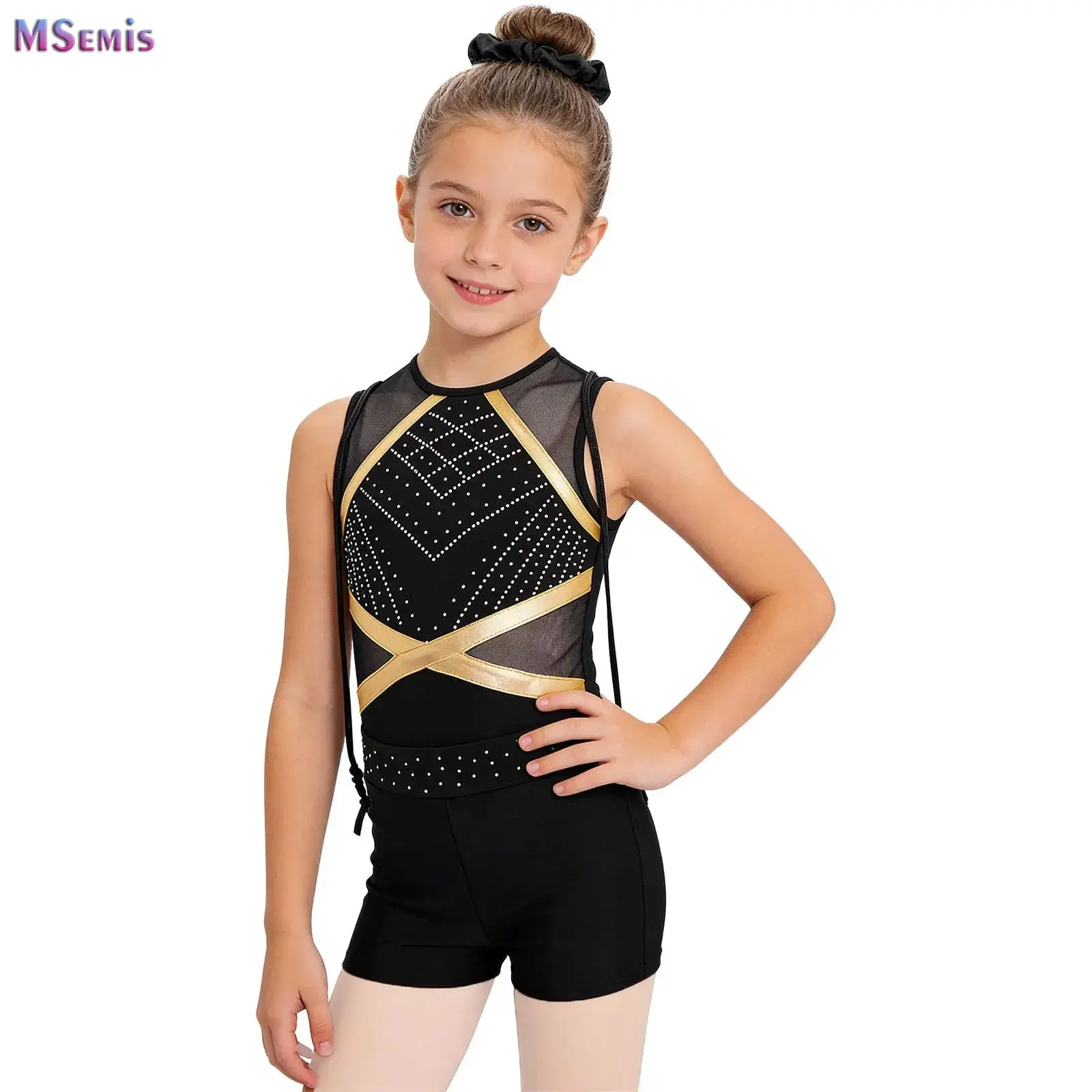 

Kids Girls Sportswear Set Rhythmic Gymnastics Figure Skating Ballet Performance Jersey Leotard Shorts Hairband and Backpack Set