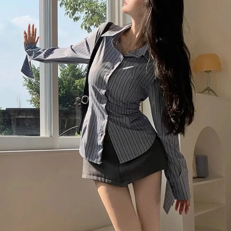 FANAN 2025 Korean New Blue Striped Long Sleeve Shirt Woman Office Buttons Jacket Women Design Waist Cinching Slimming Top Female