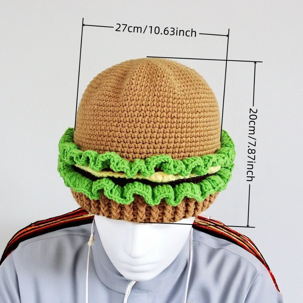 Эластичная креативная вязаная шапка для гамбургера, игривый теплый пуловер для гамбургера, толстая забавная шапка ручной работы с гамбургером, велосипедная шапка