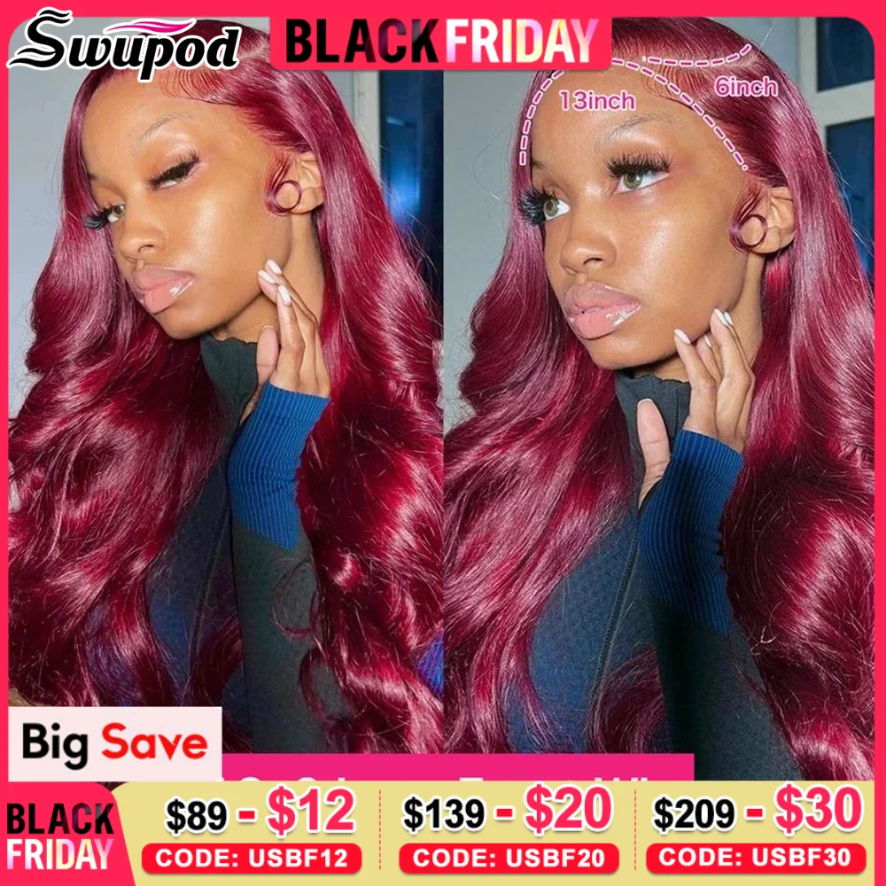 99J Burgundy 13x4 HD Transparent Lace Frontal Wig Body Wave Red Colored Human Hair Wigs 13x6 Hd Lace Front Wig 220% 30 32 36Inch