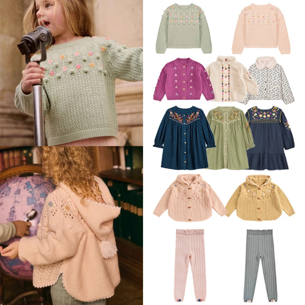 

Детские вязаные свитера и брюки, комплекты одежды Aw25 LM, милая куртка с вышивкой для девочек и платья принцессы с длинными рукавами
