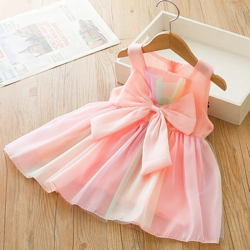 Summer beach baby girl dress with big bow colorful mesh back zipper sweet sleeveless princess dress