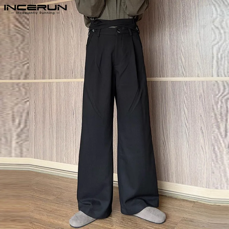 INCERUN 2024 Korean Style Mens Trousers Fashion High Waisted Crossover Design Long Pants Streetwear Straight Leg Pantalons S-5XL