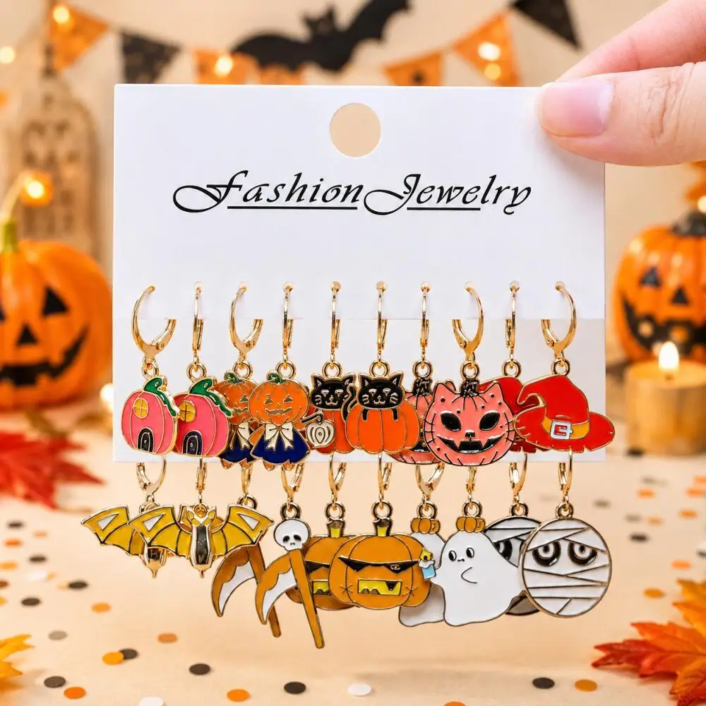 10 Pairs Halloween Cartoon Hoop Earrings Pumpkin, Black Cat, Witch Hat, Ghost, Mummy Party & Cosplay Jewelry