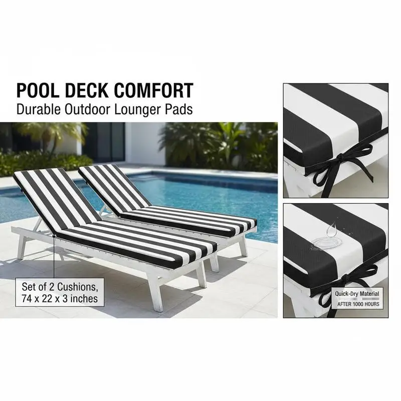 Patio Chair Pads 74 x 22 x 3 in For Poolside Deck Backyard, Fade-Resistant Sun Lounger Mats Set of 2 Ties Included Black White Stripes