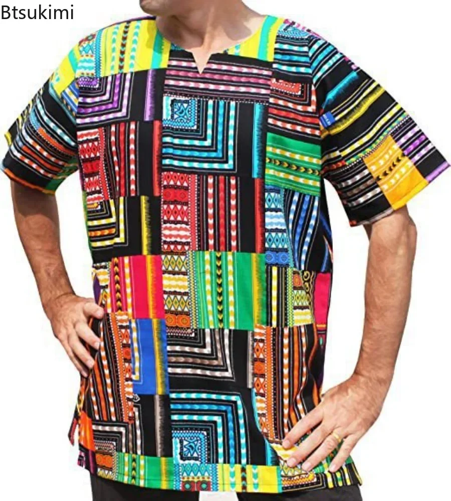 2024 African Dashiki Cotton Shirts Men Festival Clothing Fashion Retro Short Sleeve Print Shirts Bohemian Craft Clothes Shirts