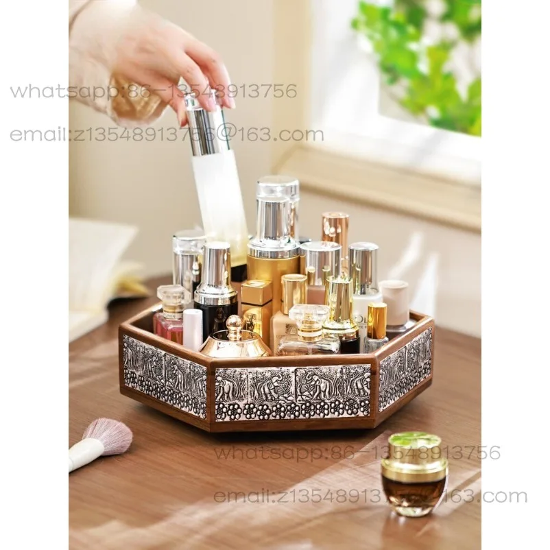 Rotating Solid Wood Retro Cosmetics Storage Box Desktop Turntable Skin Care Tray Perfume Premium Rack